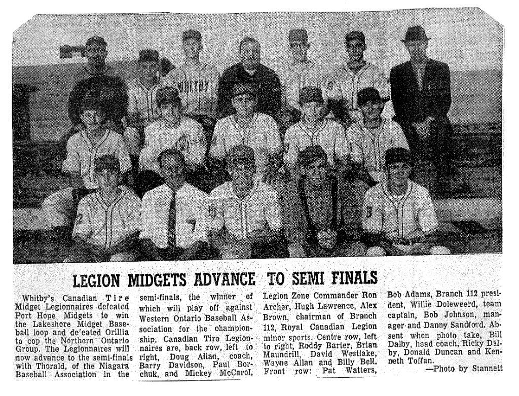 Newspaper clipping: Dave Westlake with Whitby Legion Midgets baseball